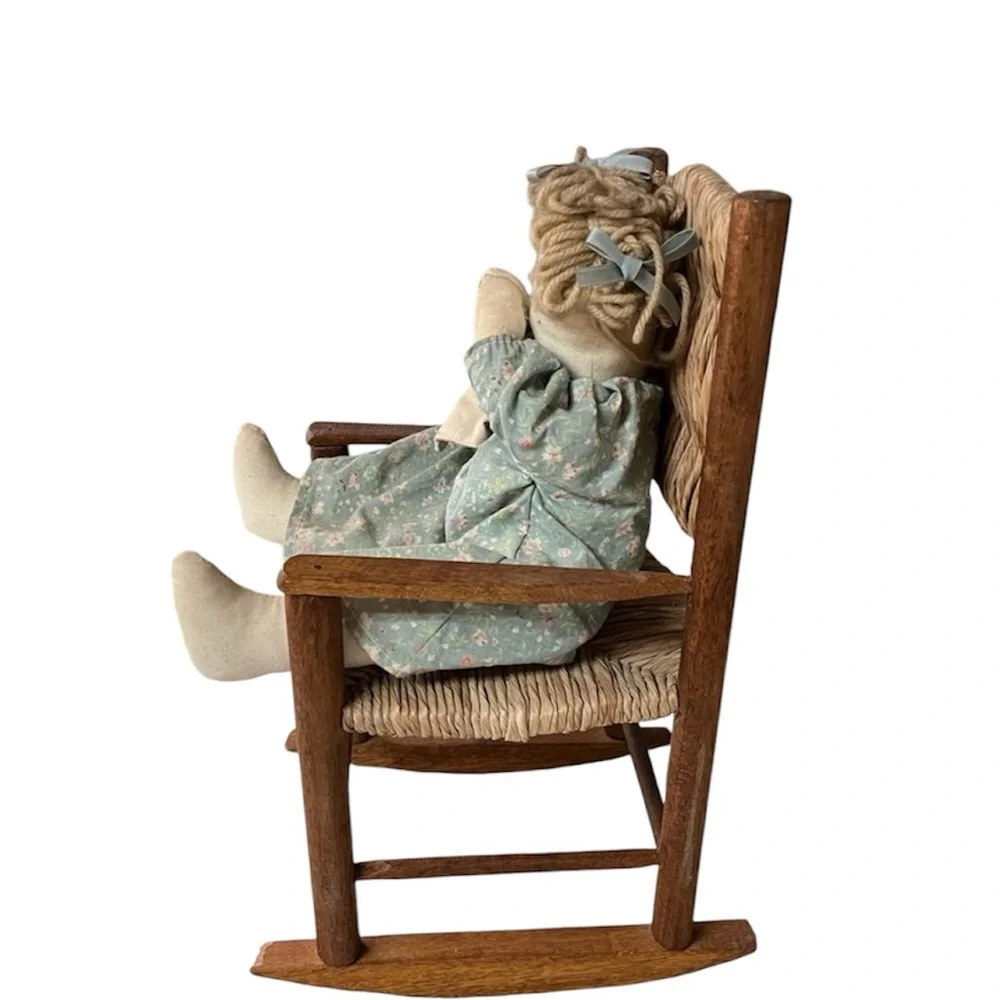 Stuffed Rag Doll with Wooden Wicker Rocking Chair